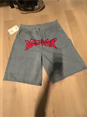 Men's Light Blue Denim Shorts with Red Graphic